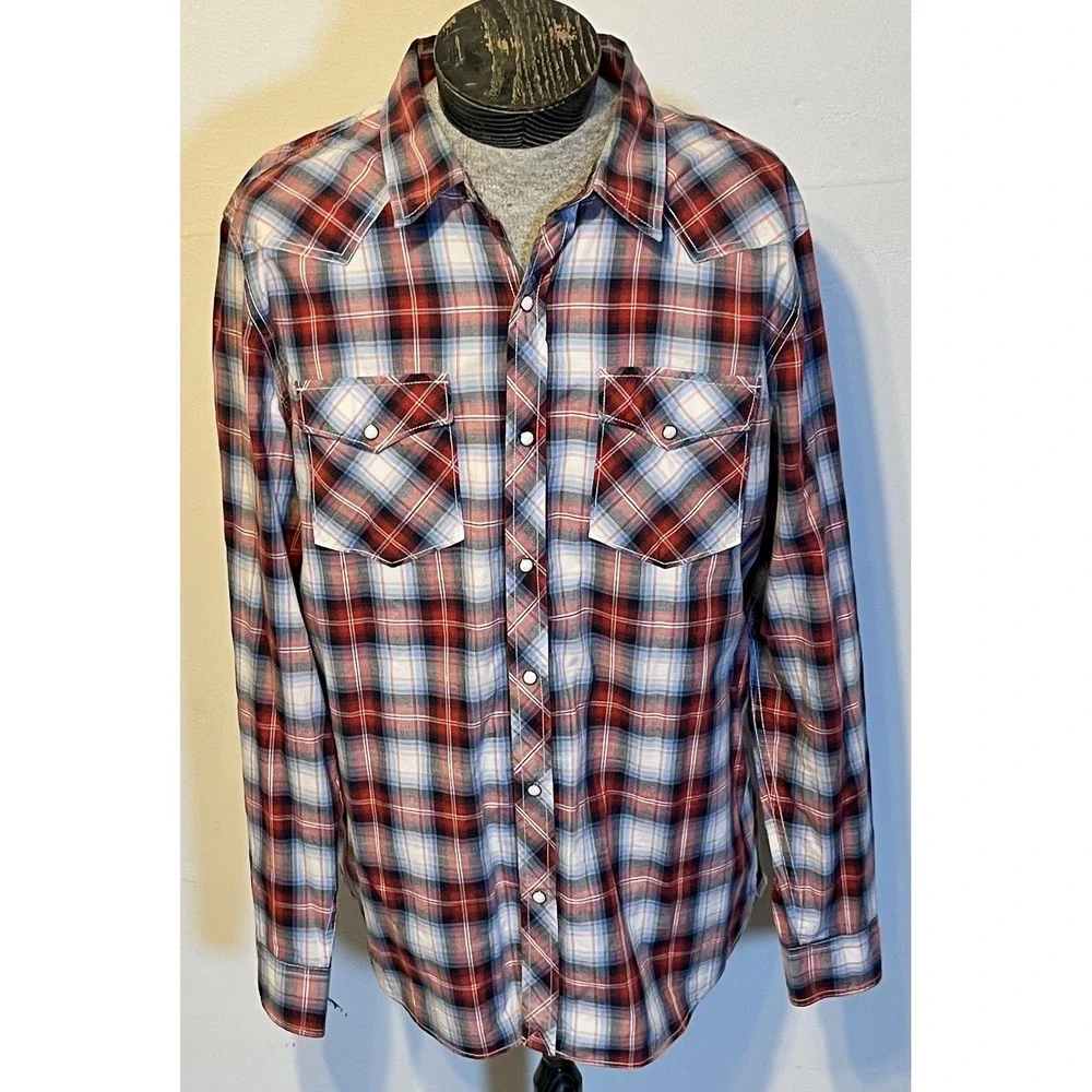American‎ Eagle Outfitters Shirt Mens 2XL Red Plaid Western Pearl Snap Sleeve